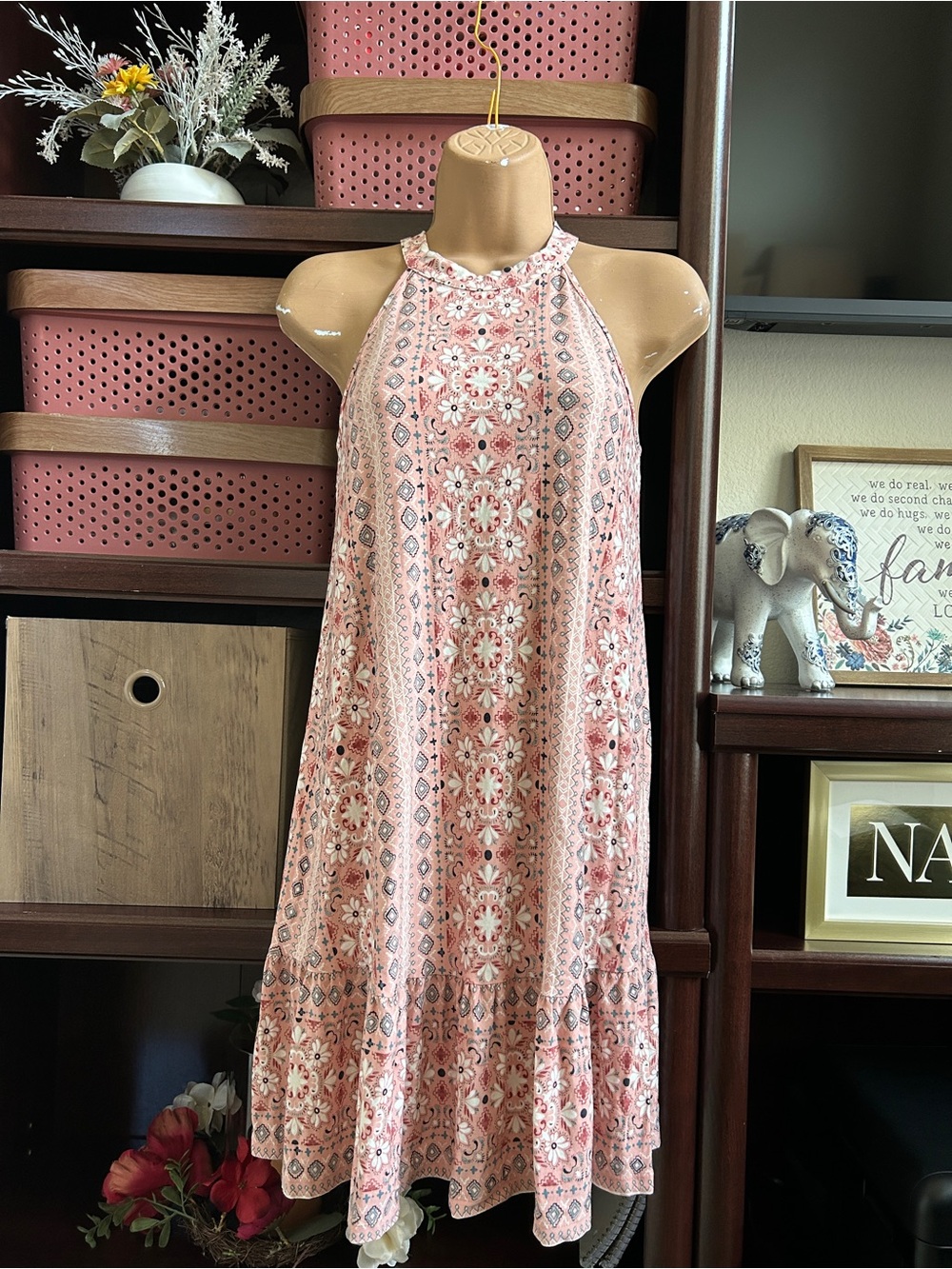LOFT Women’s XS Pink, Blue, and White High Neck Dress